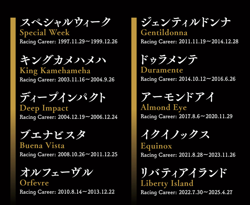 XyVEB[N Special Week Racing Career: 1997.11.29~1999.12.26 LOJnn King Kamehameha Racing Career: 2003.11.16~2004.9.26 fB[vCpNg Deep Impact Racing Career: 2004.12.19~2006.12.24 uGirX^ Buena Vista Racing Career: 2008.10.26~2011.12.25 ItF[ Orfevre Racing Career: 2010.8.14~2013.12.22 WFeBhi Gentildonna Racing Career: 2011.11.19~2014.12.28 hDe Duramente Racing Career: 2014.10.12~2016.6.26 A[hAC Almond Eye Racing Career: 2017.8.6~2020.11.29 CNCmbNX Equinox Racing Career: 2021.8.28~2023.11.26 oeBACh Liberty Island Racing Career: 2022.7.30~2025.4.27