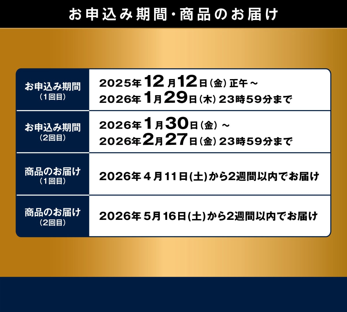 ���\���݊��ԁE���i�̂��͂� ���\���݊���(1���)2025�N12��12��(��)����~2026�N1��29��(��)23��59���܂� ���\���݊���(2���) 2026�N1��30��(��)2026�N2��27��(��)23��59���܂� ���i�̂��͂�(1���) 2026�N4��11��(�y)����2�T�Ԉȓ��ł��͂� ���i�̂��͂�(2���)2026�N5��16��(�y)����2�T�Ԉȓ��ł��͂�