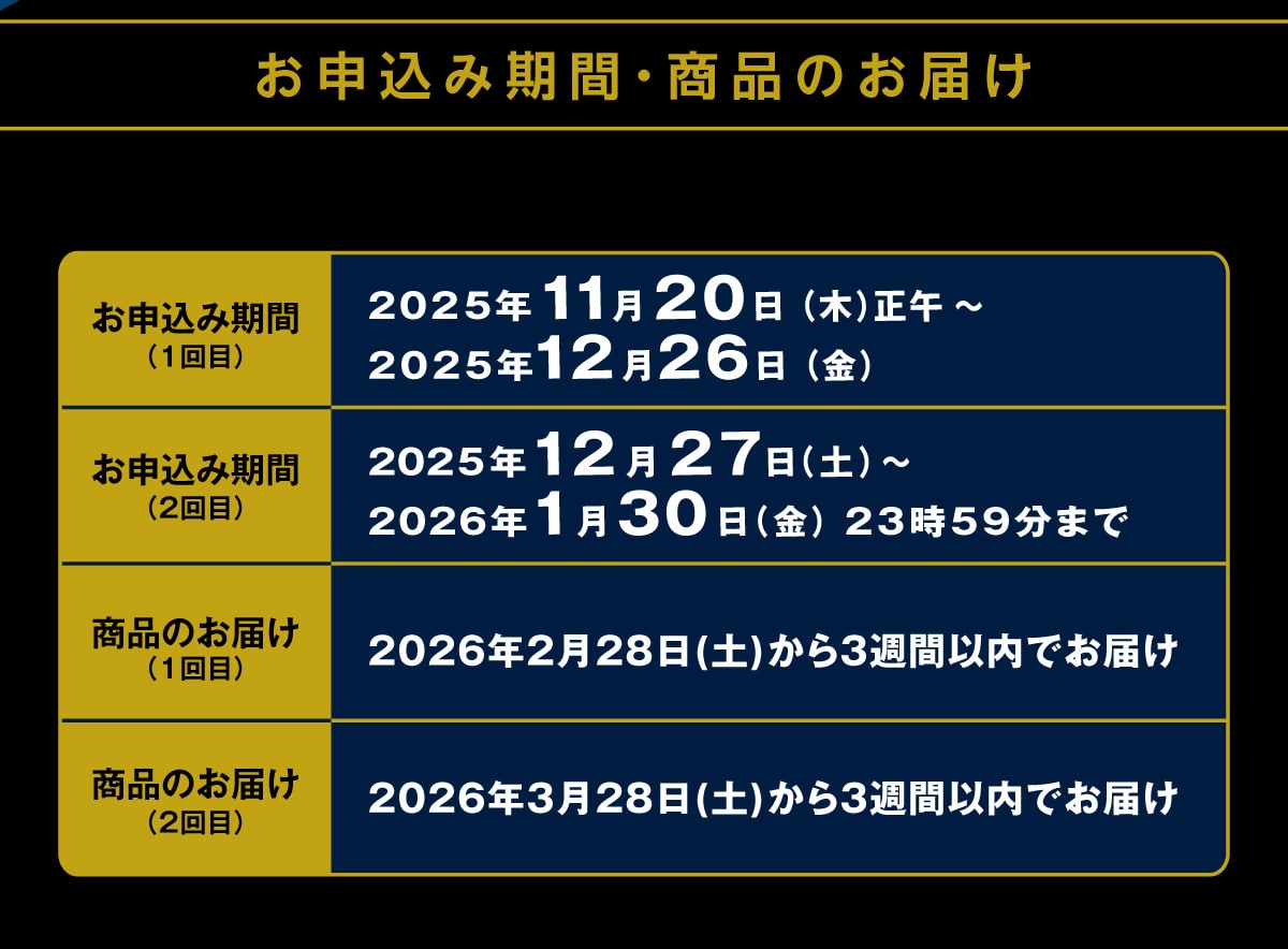 ���\���݊��ԁE���i�̂��͂����\���݊���(1���)2025�N11��20��(��)���߁`2025�N12��26��(��)���\���݊���(2���)2025�N12��27��(�y)�`2026�N1��30��(��)23��59���܂ŏ��i�̂��͂�(1���)2026�N2��28��(�y)����3�T�Ԉȓ��ł��͂����i�̂��͂�(2���)2026�N3��28��(�y)����3�T�Ԉȓ��ł��͂�