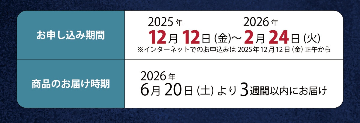 ���\���݊��� 2025�N12��12��(��)~2026�N2��24��(��)���C���^�[�l�b�g�ł̂��\���݂�2025�N12��12��(��)���߂��� ���\�����݊��ԏ��i�̂��͂����� 2026�N6��20��(�y)���3�T�Ԉȓ��ɂ��͂�