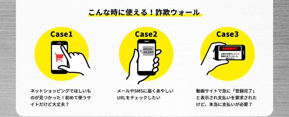 ȎɎg!\EH[ Case1 lbgVbsOłق̂!߂ĎgTCgǑv? Case2 [SMSɓ͂₵URL`FbN Case3 TCgŋ}Ɂuo^vƕ\xvꂯǁA{ɎxKv?