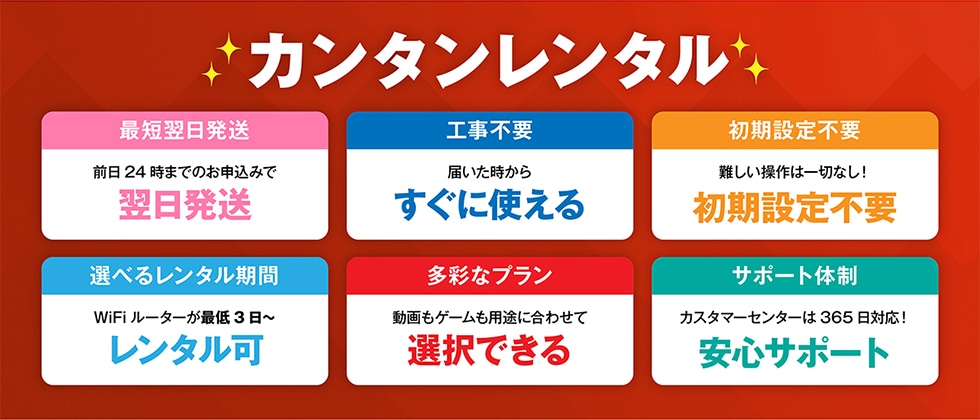 �J���^�������^���ŒZ���������O��24���܂ł̂��\���݂ŗ��������H���s�v�͂��������炷���Ɏg���鏉���ݒ�s�v�������͈�؂Ȃ�!�����ݒ�s�v�I�ׂ郌���^������WiFi���[�^�[���Œ�3���`�����^�����ʂȃv����������Q�[�����p�r�ɍ��킹�đI���ł���T�|�[�g�̐��J�X�^�}�[�Z���^�[��365���Ή�!���S�T�|�[�g