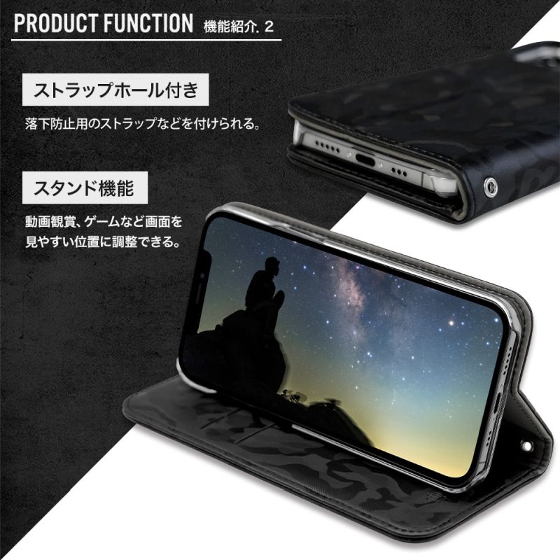 迷彩柄デザイン iPhone 12/12Pro専用 手帳型 スマホケース ブラック
