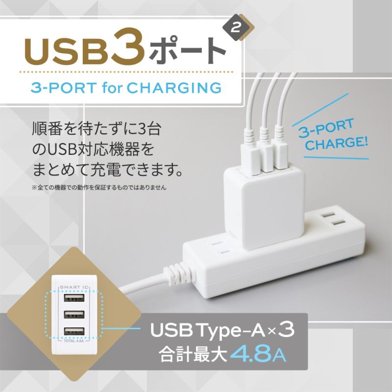 急速充電2.4A出力対応 USB Type-A 3ポートAC充電器 ホワイト