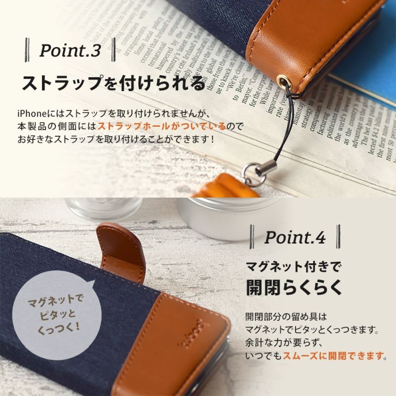 iPhone 12/12Pro 手帳型 スマホケース インディゴブルー×キャメル