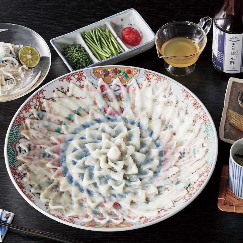 <お歳暮><老舗料亭下関春帆楼>とらふぐ刺身セット4人前 絵柄陶器皿