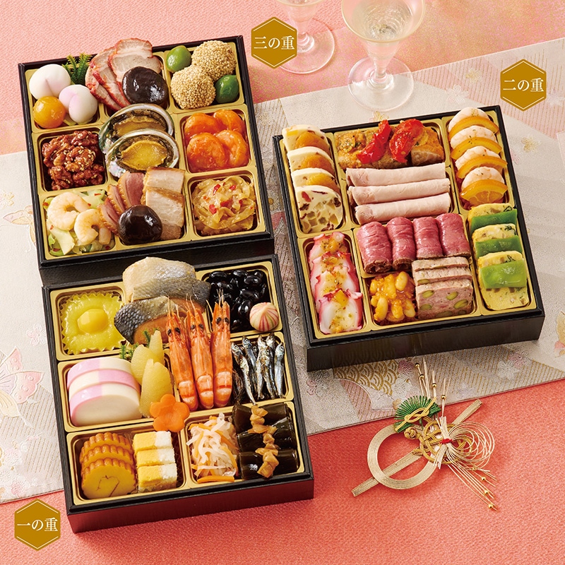 <おせち>【早割】彦根「花しょうぶ」・銀座「ポルトファーロ」・銀座「花蝶」 コラボおせち 和洋中「饗宴」三段重